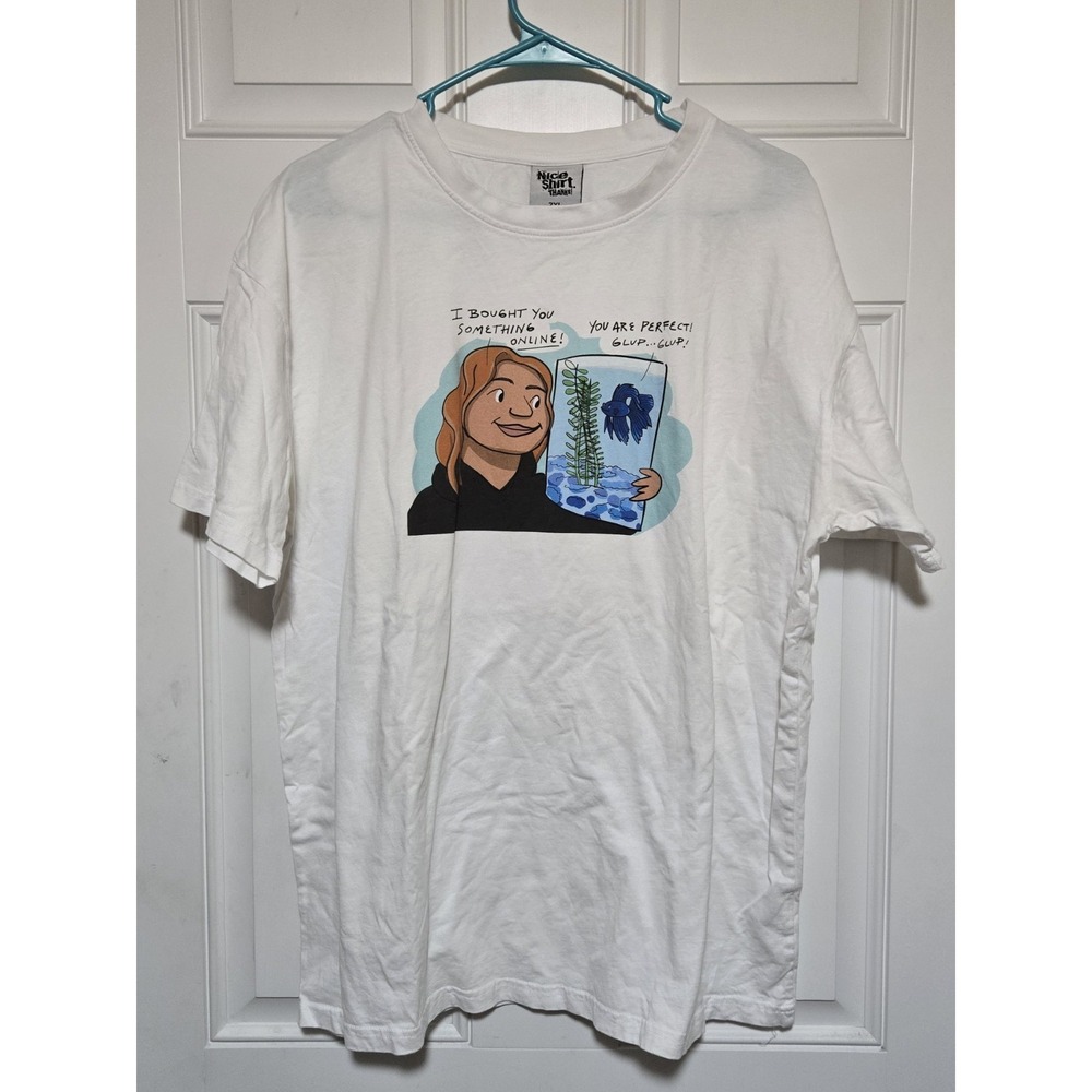Nice Shirt Thanks Brand Shirt Mens 2XL Cartoon Fish Online Funny White‎